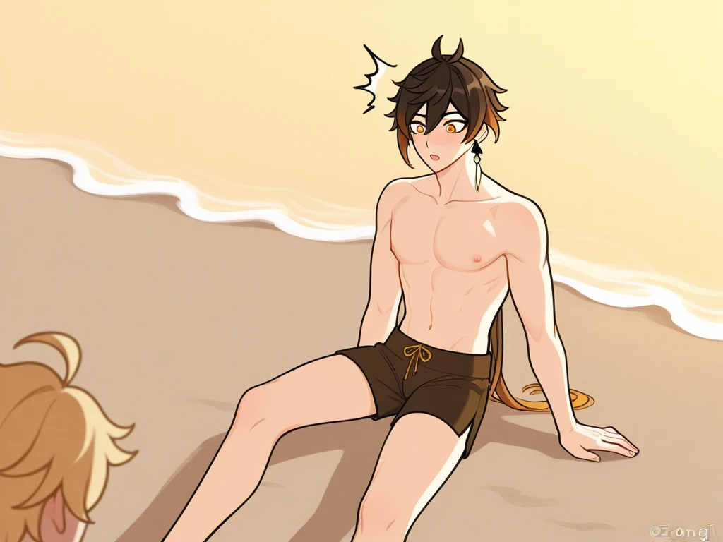 masterpiece, best quality, 1boy, hop \(pokemon\), purple hair, short hair, yellow eyes, dark skin, topless, sandals, looking at viewer, smile, sitting, solo, sea, sand, tropical island background , naked , nude , porn, NSFW, penis, nude beach, ahegao