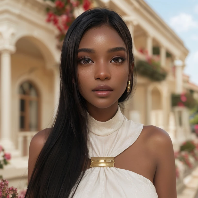 (masterpiece, best quality:1.5), highest quality, High resolution, super detailed, Realists, Chest-up photo of a 22-year-old Black woman, black skin, detailed and beautiful eyes, beautiful detailed lips, very detailed eyes and face, longeyelashes, A 22-year-old woman in a long evening gown made of shimmering satin, Beautiful and colorful makeup, elegant and noble々Pose,shiny satin headband,, City as background, bright daylight, bright colors, fine brushstrokes, Portrait style, beautiful color palette, glowing skin, First-class rendering, that captures every detail, enchanting atmosphere, (perfect anatomy:1.2), (The stunning woman is wearing a long evening gown. She smiles flirtatiously., She stands and shows off her figure, (magnificent panorama view:1.2)