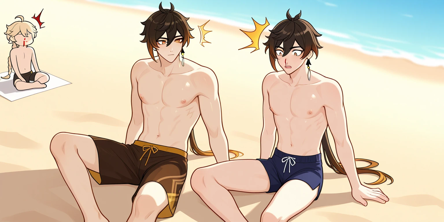 HD, High Quality, UHD, retina, ccurate, anatomically correct, super detail, high details, panorama, 2 boys playing in the water, inch, full body, full body, barefoot, dark skin, full body tattoo, tattoo, tattoo, glowing tattoo, full tattoo, swimming trunks, thong, , clouds, sun, clean blue sky, smile, panorama,