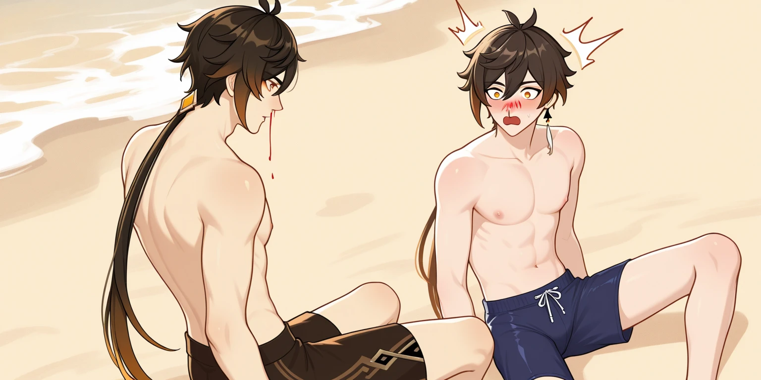 super fine illustrations,1 boy,A little boy 150 cm tall,brunette color hair,blue color eyes,White skin,Heart to eye,Ponytail hairstyle,perspired,Shirtless,Lewd expression,Sexy,Gay,pleasant sensation,vehement,Femininity,(Wear only briefs),There is a milky white liquid on the body,There are pronounced male genitalia,Homosexuality,The erection,Be red in the face,big breasts exposed cleavage,Drooling over male genital details,drenched all over the body,Precise legs,(Conspicuous male genitalia),Animate,Full body like,