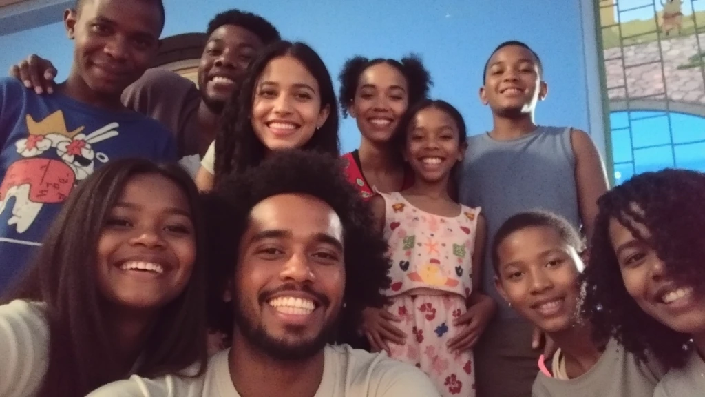 Cartoon 3 d estilo Disney pixar, melhor qualidadeuma familia negra brasileira , com a mae de 40 anos linda de cabelos lisos euma filha de 6 anos com cabeles cacheados com uma fita na cabeca, um de 10 anos cabelos curtos com um ceu lindo em frente uma igreja assembleia de DEus