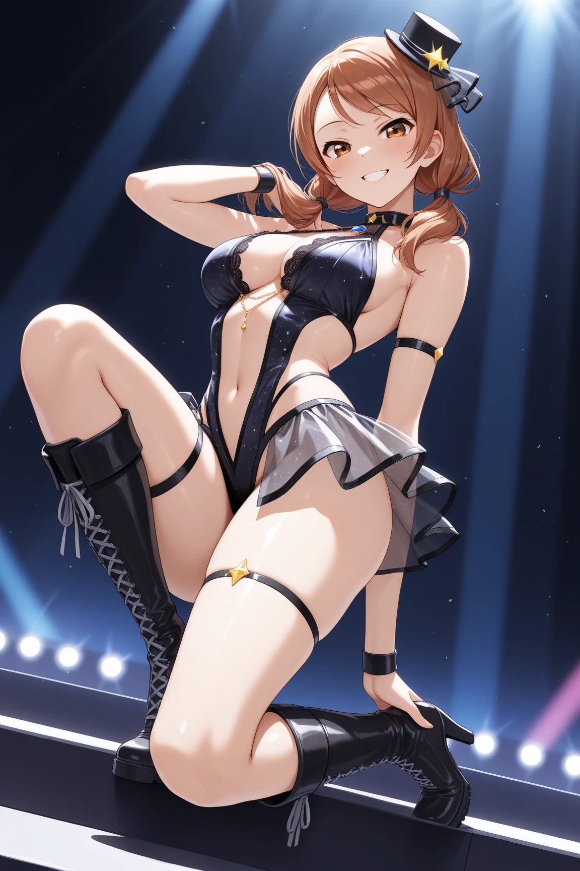 I looked up from my feet to see her wearing a grid girl costume with holes in it.,from below,cameltoe,looking at viewer
