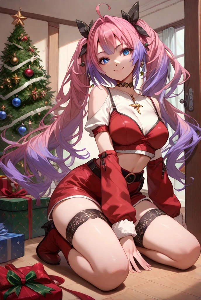 1 girl, bangss, hair blue, 弓, box, bracelet, christmas, christmas tree, cowboy shot, don, aretes, fishnet stocking, flowers, present, present box, hair ornament, Hamel, jewerly, gazing at viewer, multicolored hair, necklase, pantyhose, parted lips, purples eyes, red don, cinta, Pink, shorth hair, ssmile, standing alone, thicc thighs