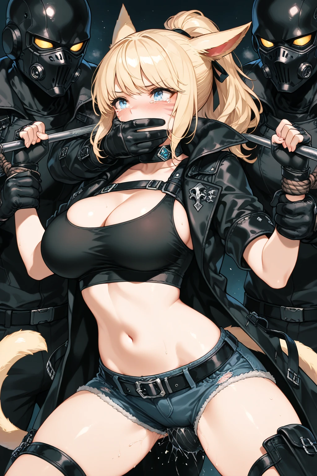 (best quality:1.1), (masterpiece:1.2), (solo), ((upper body)), catgirl, (blue eyes), ((cat ears)), (short blonde hair), (yellow cat tail), ((big lush breasts)), ((militar uniform, black bikini, pet collar)), ((glossy skin)), serious expression, ((Holding a pistl:1.3)), (war background:1.5)),