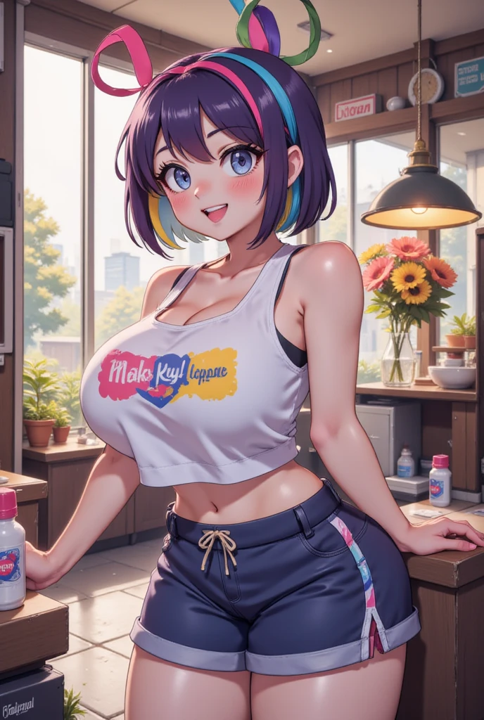 ((Masterpiece)), best quality, absurderes, ultra detailed, holographic, cowboy shot, dynamic pose, golden ratio, super cute girl, mature girl, extremely beautiful, super beautiful asian girl with super beautiful brown shiny eyes, super petite and sexy body, super beautiful legs, super beautiful brown multicolored short hair, high ponytail, shiny and super beautiful skin, nice and sexy body, slim and delicate body, perfect body, wearing a super tight black short sleeve crop top, bare shoulders, super tight translucid black leggings, hot panties, fox hairband, being photographed in a popular kawaii food court
