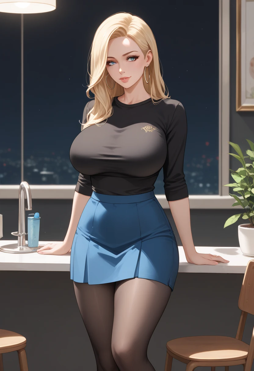 highres, 4k resolution, face enchantment, realistic hair, realistic eyes, best quality. A refined and poised adult woman exuding sophistication, her wavy, cascading blonde hair framing an alluring countenance with captivating blue eyes. She is impeccably dressed in a chic blue office ensemble, each garment tailored to perfection, subtly highlighting her figure with a touch of elegance. As she gracefully navigates the office space, her confident stride reflects a blend of professionalism and poise, curvaceous and a subtle hint of cleavage adds a tasteful touch to her overall allure.