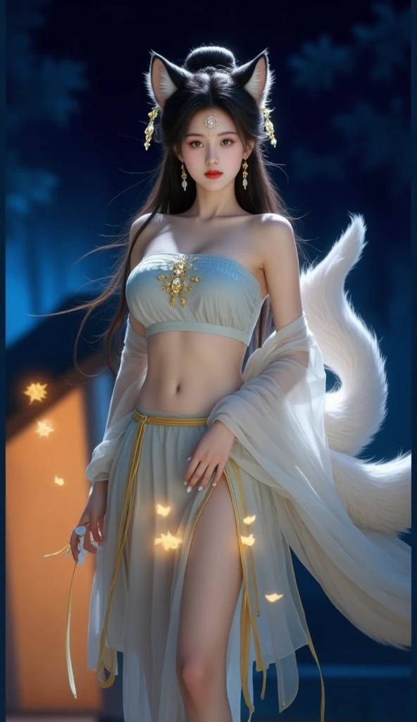 realistic, 1 women, best quality, 12k, HD, long hair, big round breasts, cleavage, ponytail, necklace, jewelry, shorts, short jacket, slim hips, hair tie, yellow eyes, black hair, super detailed, Eye details, hair details, person details, mouth details, face details, breast details, clothes details, hair details, pants details, hand details, whole body