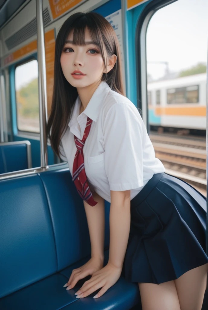 8k, RAW Portrait (Japanese women),masterpiece、Photorealistic:1.3、Realistic, Ultra-high resolution, Highest quality, Real Life Photos ,(((Showing panties:1.4)))、((A girl sitting on a chair on a Yamanote Line train and looking at her smartphone))、
((((1 girl:1.5)))), (((電車内でPull up your skirtパンティーを見せびらかす女子高生:1.4)))、(Cute Face:1.3),((Japanese schoolgirl))、((((Japanese High School Uniform:1.6))))、 Black Hair,(Written boundary depth:1.3)、 ((Dark brown eyes:1.2))、(Realistic skin texture:1.3)、(Immersive atmosphere:0.8、Chiaroscuro:1.2) 、(Viewer:1.3)、((Expressionless:1.3))、((Red cheeks:1.1))、((She's wearing very small pink panties))、((Pull up your skirt))、(Highlight the panties)、((Spread your legs out to the side:1.4))、(((Wearing a pleated skirt:1.4)))、Skirt Lift、Pull up your skirt、Checkered Skirt