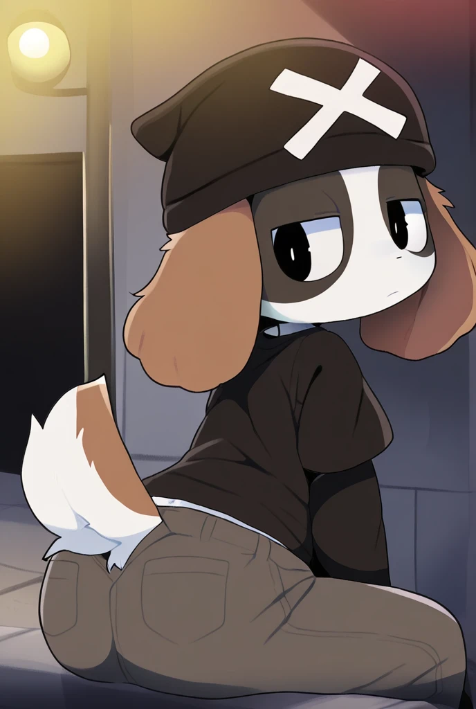 seth-iova, white dog, big ass, horny, yellow eyes, long drooping dog ears, short wavy tail, white body, male, night, white lucario, solo, gay, romantic, sweaty ass, 3 toes, bondage, blindfolded, arms tied behind back, standing, ball gag in mouth, shower