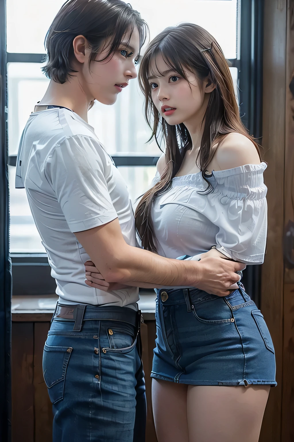 masterpiece，highest quality，Advanced Details，1 male，1 female，((Vacant rooms:1.4))、((Japanese woman with straight medium-long hair:1.4))，18-year-old female:1.7、((A woman wearing a white open-front short-sleeved off-the-shoulder shirt and a denim miniskirt:1.4))，Japanese middle-aged 1 male，Man with short black hair，That man is very handsome，((A man grabs a woman by both shoulders:1.4))，That woman is short，The man is tall，Reflects the height difference between men and women、The man is 175cm tall.，((They are both standing in the Vacant Rooms:1.5))、Women play a leading role、Women are skinny，Small breasted women、