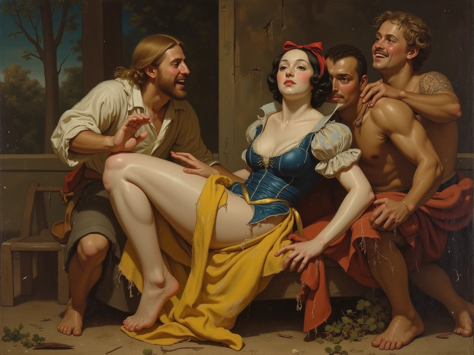 The man in his 45s with black very short hair and smooth face with moustache. The woman in her 45s with brown wavy long hair. The man is wearing an unbuttoned white shirt. The woman is wearing a yellow dress. In the outside garden. Night, dark, dim. The woman is sitting at the iron table. Missionary sex. They are screaming. Orgasm. Passion. Erotic. Realistic. Ulrta realistic.