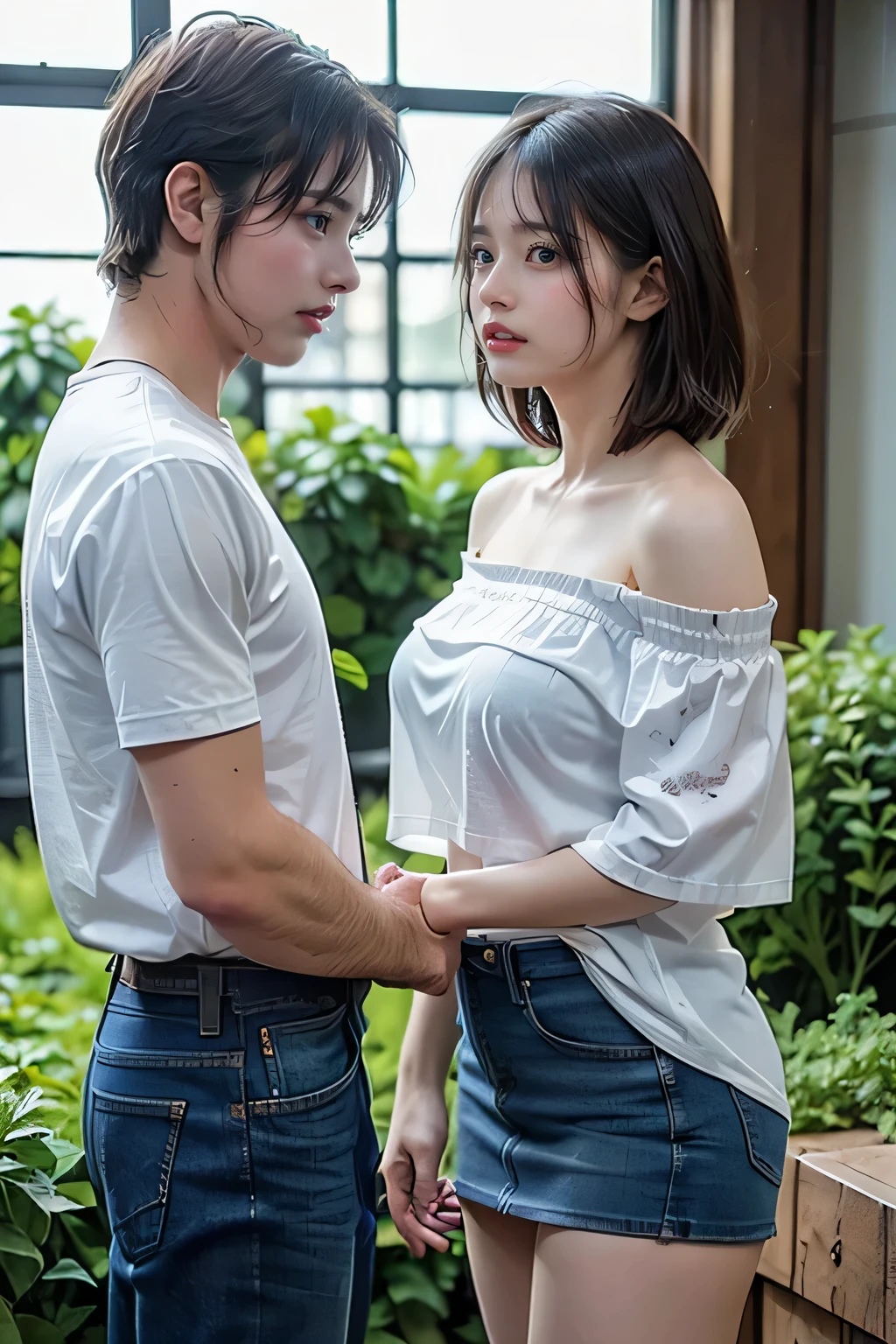 A cute,  Japanese girl at 20 who is as cute as a  idol、ビキニタイプの上半身はedのチアリーダーのユニフォーム、naked、Hugging year-old middle-aged man、The middle-aged man is her lover and is deep kissing her、whole body、Accurately depict hands, arms and body、RAW Photos、Genuine、High resolution、Life、No copyright notice