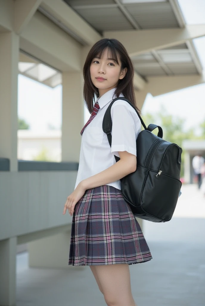 Stand in the classroom of school2fashi-girl,red tie uniform,Dark Blue Closed Blazer,Blue plaid mini skirt,18-year-old,bangs,a little smile,thighs,knees,from below,random pose,pretty girl,slender girl,white panties,blonde with short cut,Side waves with a short cut,Carrying a black rucksack,