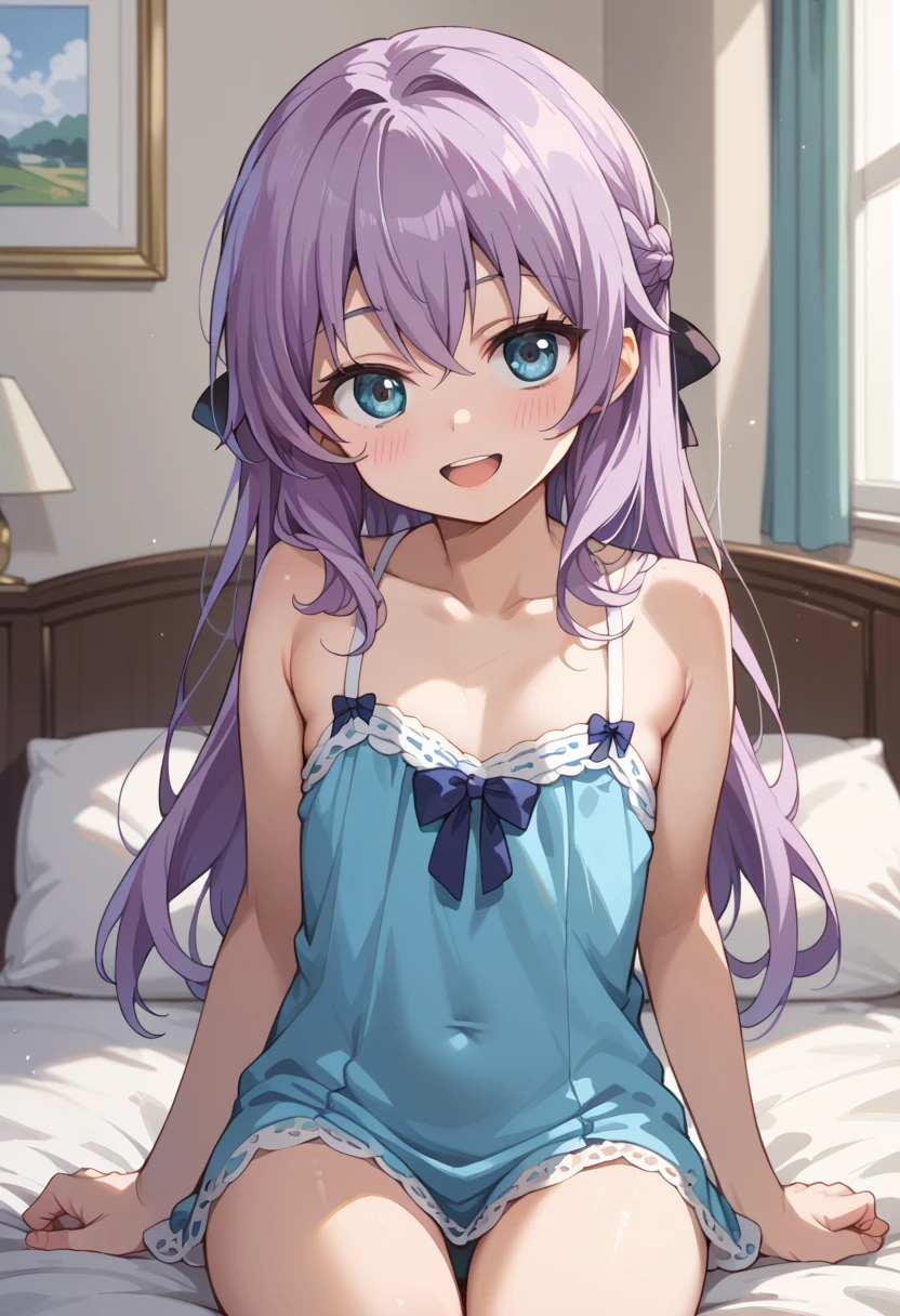 (Cute a girl:1.5), (masterpiece:1.3), anime visual, (a gril with semi long braids wavy hair, pale purple blunt bangs hair, aqua eyes,pink lips,smiling:1.3),(a girl is wearing 
A white off-the-shoulder T-shirt and a pink high-leg leotard:1.3 ), (Lovey-dovey:1.5), (tilt head:1.3), extremely delicate face, realistic lighting and shading, (an extremely delicate and beautiful art:1.3), elegant, ,(one girl with closs hair pin,pale purple hair,wavy two braids,blunt bangs hair,green and black eyes.pink lips:1.4), small breast,slim,a girl closed her eyes and opens her mouth and smiles happily,Slender,morning lit,