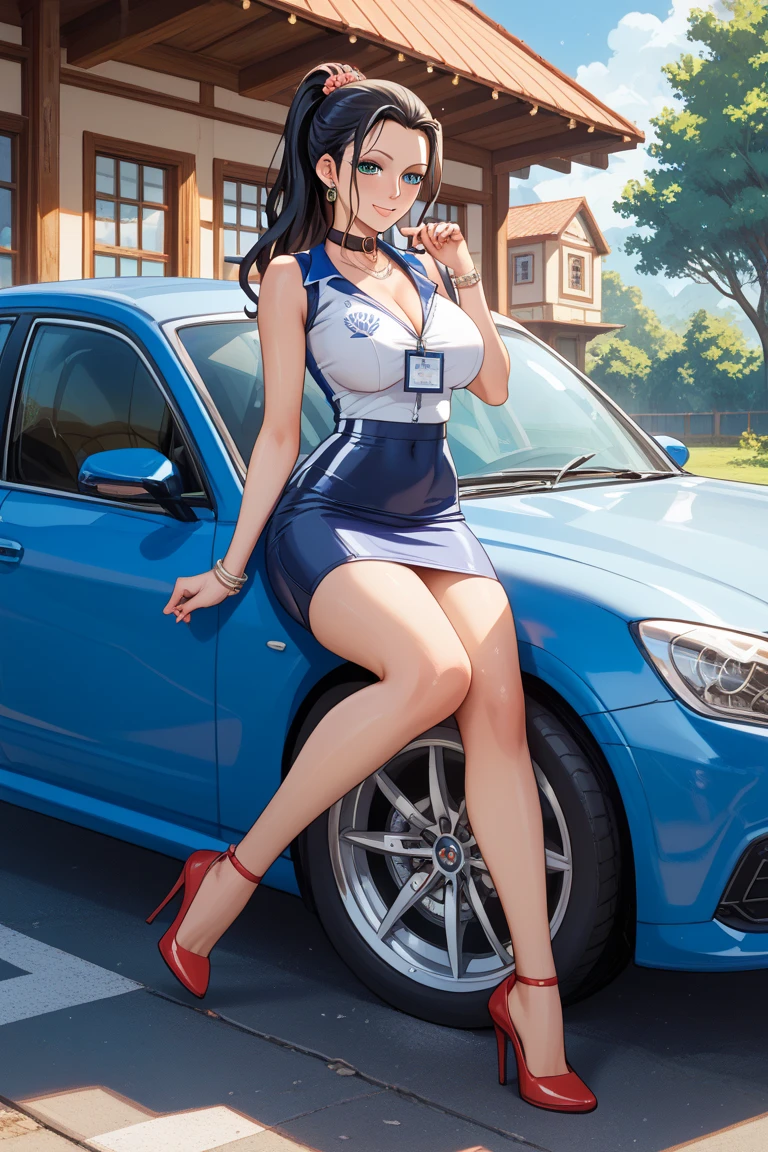 (Masterpiece,), Best Quality, ultra-detailed, perfect hands, perfect legs, Delicate eye expression, delicate face expression., 1girl (rinko_iori, Slender and sexy body, Big and pretty breasts, , dark blue hair, long hair, blue eyes ),closed mouth(wicked smile), a come-hither look, red lipstick, solo, sleeveless shirt, grey shirt, detached sleeves, necktie, arm tattoo, skirt,skirt lift,pussy, thighhighs, thigh boots,, at a car racetrack , standing,Sexy waist teasing , Skirt lift,love juice flows out of her pussy