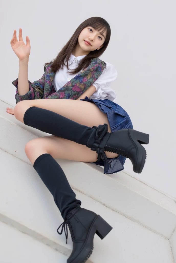 there is a woman that is sitting down on a bench，legs crossed, the anime girl is crouching, Anime girl cosplay, Surrealism female students, thighhighs and skirt, Surrealism female students, Beautiful highschool girl, wearing skirt and high socks, Anime girl in real life, of a schoolgirl posing, Ayaka cosplay,