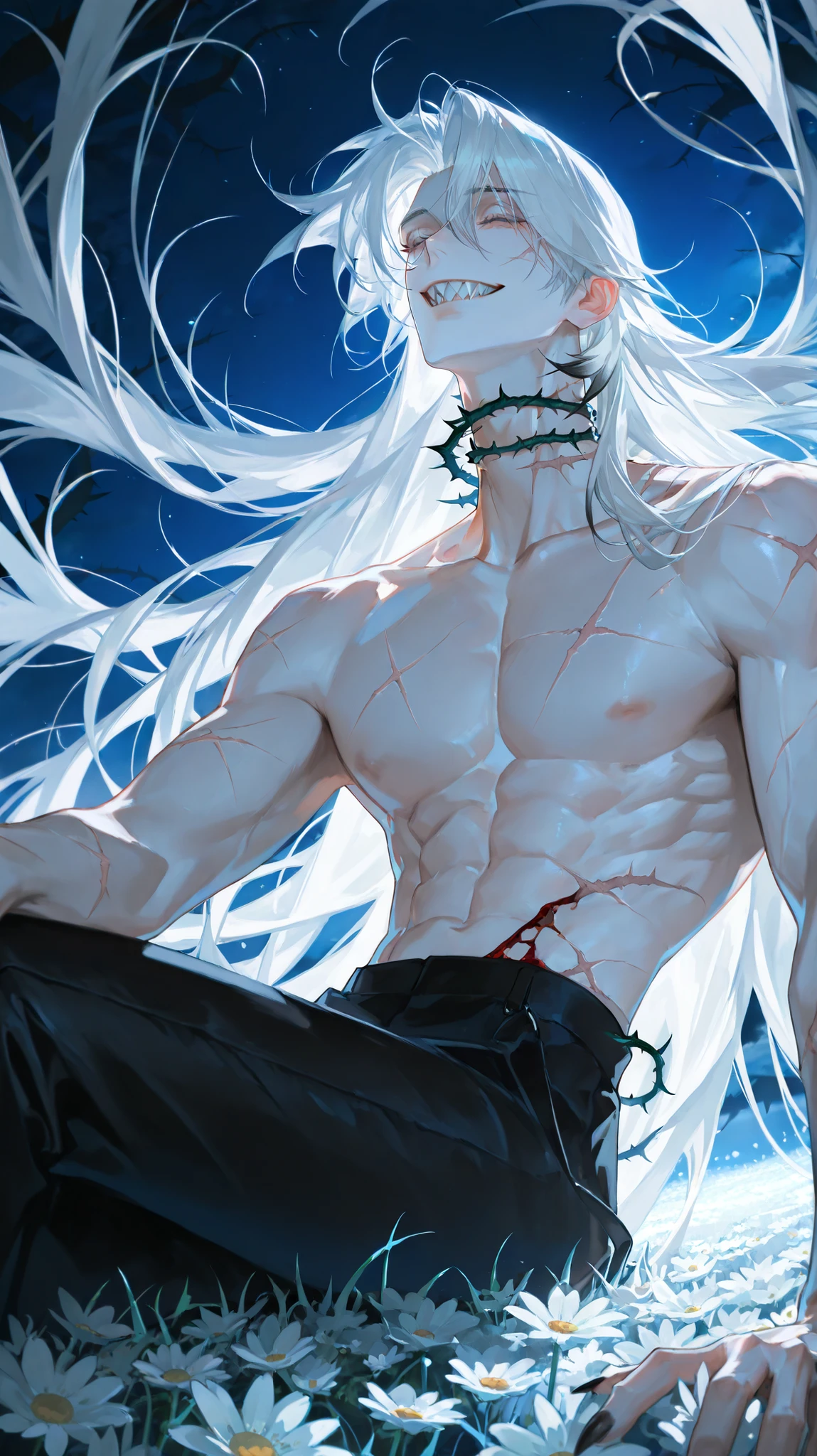 (40 year old male, handsome,1 man, handsome man, tall man, Thick painted, quite attractive, tall, toned body, unnatural white skin, colored skin, skin full of cuts and scars, sharp black claws, sharp teeth, attractive, scar at the height of the eyes, scar ares, closed eyes, long horizontal scar in face, long horizontal scar in eyes, very long hair, hair reaching the ground, white hair, hair with black tips, On his neck and in some parts of his body he has some black, sharp and dangerous thorns, black thorns in neck, black thorns), Perfect Eyes, semi-realism art, masterpiece, Exquisite Details, very detailed, best quality, absurdres, scenery, volumetric lighting, surreal atmosphere, detailed scenery, dynamic pose, dynamic angle, backlighting, blue theme, close up, big close up, sit down,flower meadow, meadow of white flowers, white flowers, night, blood, black pants, smile,