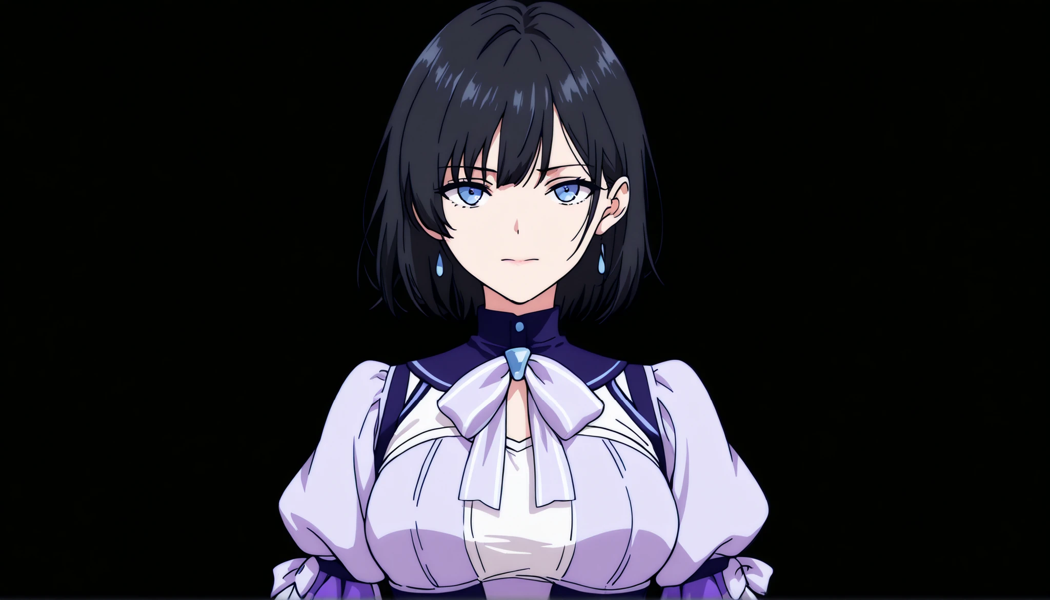 masterpiece, best quality, cg art, solo, 1girl, black hair, short hair, cerulean blue eye, medium breast, lavender idol outfit, standing, looking at viewer, neutral expression, calm, composed, slight smile, pitch black background only