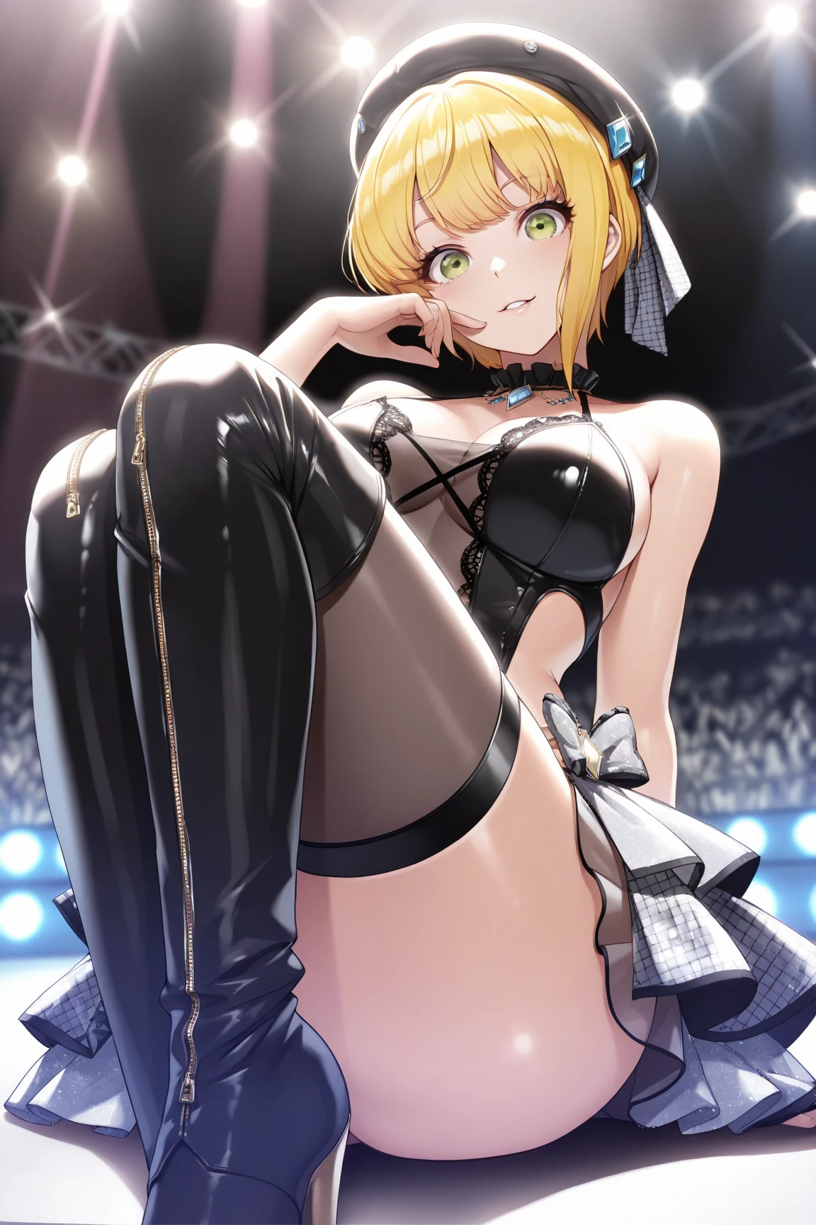 #Basic
A girl posing for a photo, (((One Girl))), (((Baby Face:1.4)) + ((cute:1.4)) + ((15 years old))),
break
#Clothing Accessories
((Bunny Girl Costume) : (Glossy black leotard) + (Black bow tie) + (Black Bunny Girl Ears) + (White gloves) + (Fishnet tights) + (Glossy black high heels)), (Gold hoop earrings),
break
#Features
((Blonde:1.2)) + ((Bangs with one eye hidden)) + ((short hair) : Very short hair + Wavy Hair + Curly hair + Outer bounce),
((Droopy eyes:1.4, Big eyes:1.3), blue eyes), (Small breasts), (Neutral facial features),
break
#background environment
((Dance Stage)),
#Facial Expression Pose
((Wicked Smile + Laughing with your mouth open + blush:1.2 + )), (Squatting with legs spread wide on the stage bathed in pink spotlights, Wrap your arms over your head and hold onto the pole for pole dancing.),
#composition
((Face to the camera), (Angle from below), (Character Focus), (full body)),
break
#Body parts elements
(Slim figure),
(Symmetrical facial features),
(Detailed Hair, Beautiful Hair, Shiny Hair),
(double eyelid, Long eyelashes, Thin eyebrows:0.5, Thin eyebrows:0.5),
(Expression of fine eyes, Beautiful and delicate eyes, Sparkling eyes, Eye Reflexes, Glitter Eyeliner),
(Human Ear),
(Beautiful Nose, Thin Nose),
(Glossy Lips, Beautiful Lips, Thick lips),
(Detailed skin, Textured skin, Beautiful Skin, Oily skin),
break
#quality
(((最高quality)), ((masterpiece:1.3)), ((Very detailed))), ((Ultra-high resolution)), ((16K)), ((1080P)), ((Full HD)),
((Anatomically correct)), ((Realistic)), (3DCG), ((Oil painting)),
((comics, anime)), (CG illustration), (RAW Photos),