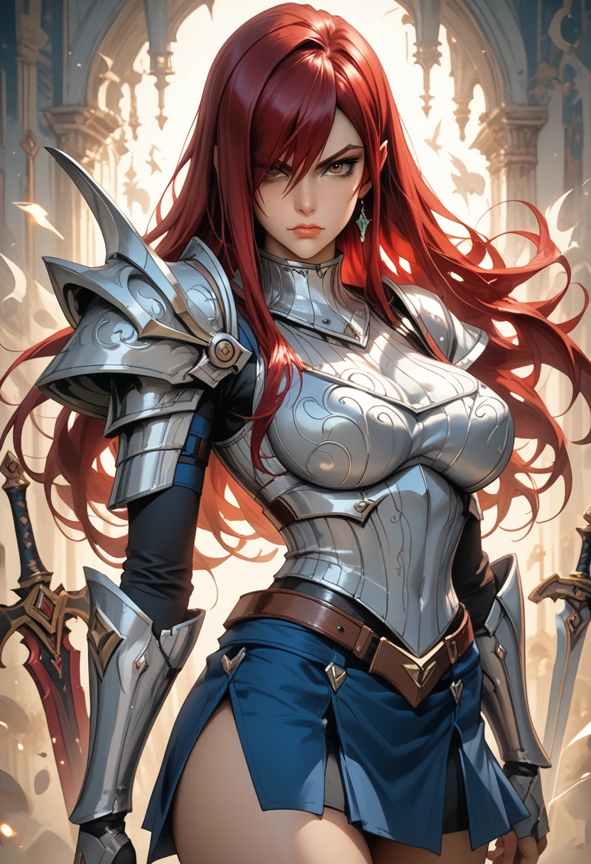 ((((masterpiece, best quality, high resolution)))), Extremely detailed 8K, 1 female, wearing a warrior type of armor, (Ultra HD, Ultra-detailed, Highly detailed, Highly realistic, Ultra-realistic, photograph realistic), (1girl:1.5), (Realistic red hair), (dynamic poses), facing at camera, looking at viewer, (a serious calm face), (regular black eyes, sharp eyes), (perky breasts:1.2), (beautiful detailed face, beautiful detailed eyes), ((armor damaged)), (preparing for a fight), sweat, glow, (sunbeam, sunlight), ((cowboy shot)), battlefield background, seductive, EnvyBetterHands LoCon,
