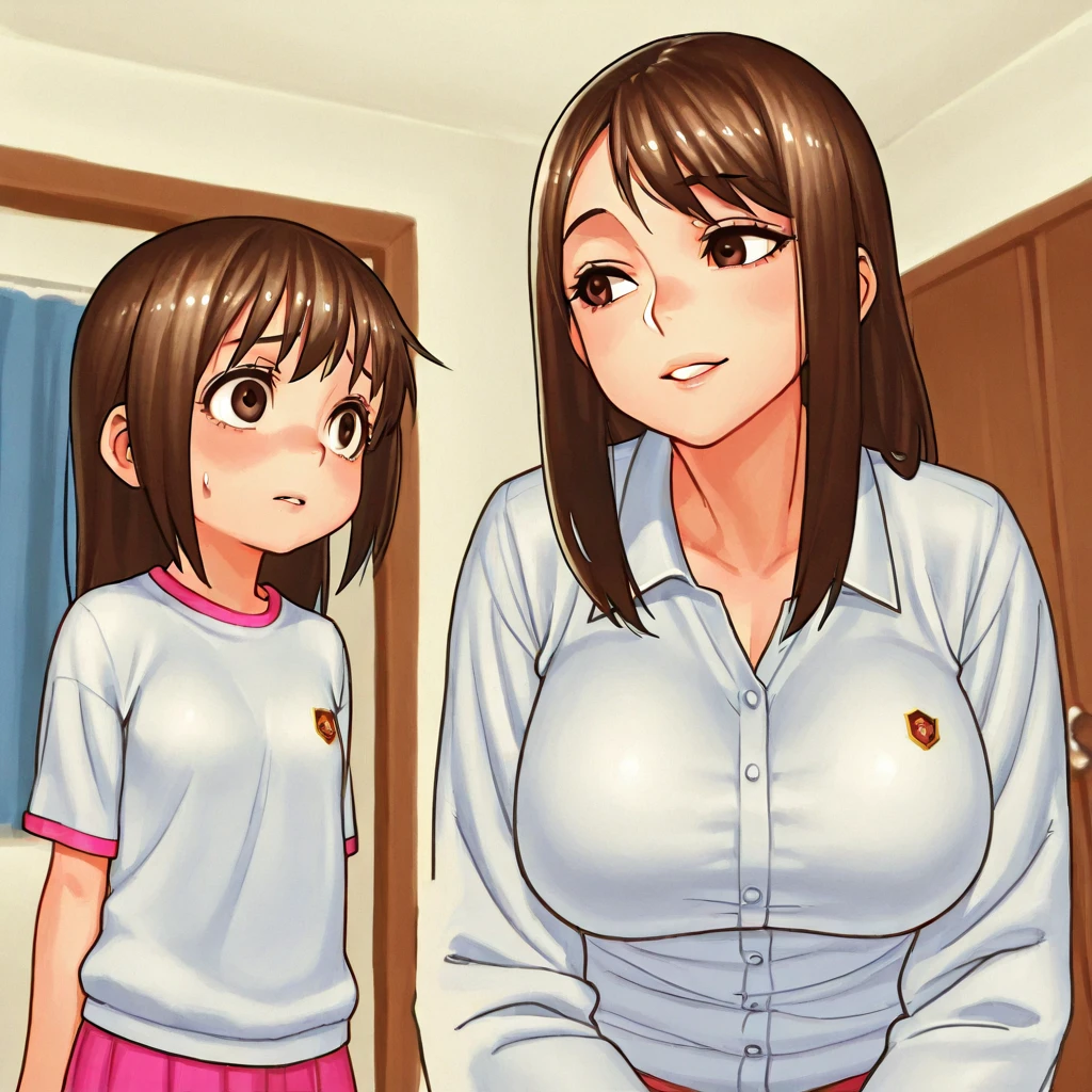 score_9, best quality, masterpiece, source_anime, by nora higuma BREAK, 1mature_female, medium hair, big breasts, standing, white T-shirts, size difference, flashing breasts, lift clothes, 1boy, Shota, shaved boy, smiling_boy, living room, licking nipples, tongue
