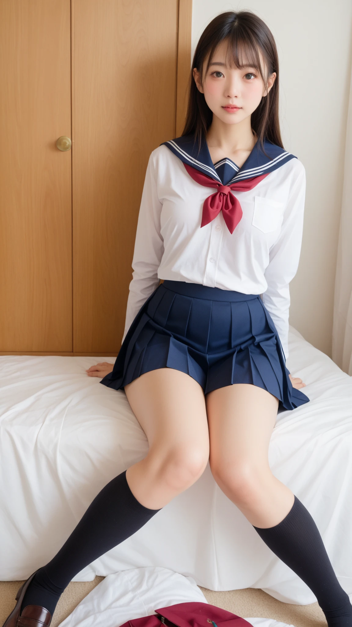 (((perfect anatomy, anatomically correct, super detailed skin))), 1 girl, ((Japanese high school uniform:1.6)), from front, shiny skin, detailed hair, detailed face, detailed eyes, (long hair:1.5, brunette hair:1.7), bangs, hair between eye, light brown hair, brown eyes, babyface, mole under eye, lip gloss, beautiful clavicle, beautiful body, beautiful breasts, beautiful thighs, beautiful legs, camel toe, ((detailed cloth texture, short sleeves, all dark blue cute sailor suit, dark blue pleated skirt, dark blue sailor collar, red sailor scarf, white socks, brown loafers)), white panties, beautiful scenery, summer, (lying on back:1.4), ((close eyes)), (sleeping), in the bed, (8k, top quality, masterpiece:1.2, extremely detailed), (realistic, photorealistic:1.4), beautiful illustration, natural lighting, whole body, (semen on forehead:1.2), (semen on head:1.4), (semen on thighs:1.8),