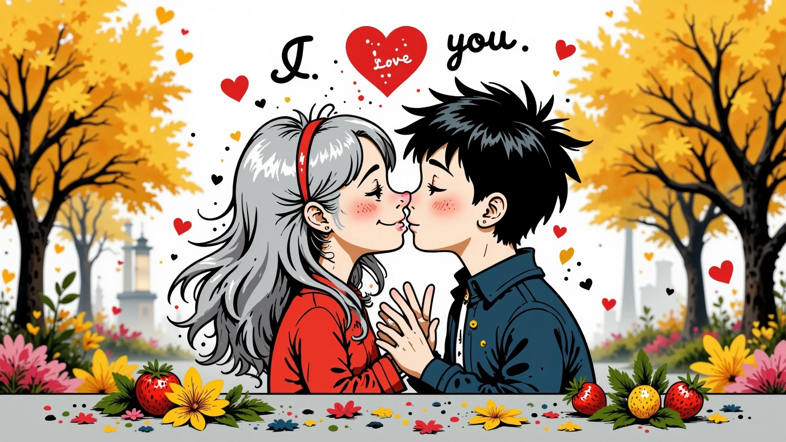 A couple of a couple a boy and a girl, kiss under a neon heart with the strawberry "I love you". the girl has long silver hair, the boy has wavy black hair, background of yellow and ochre leaves, autumnal type with pink flowers.
