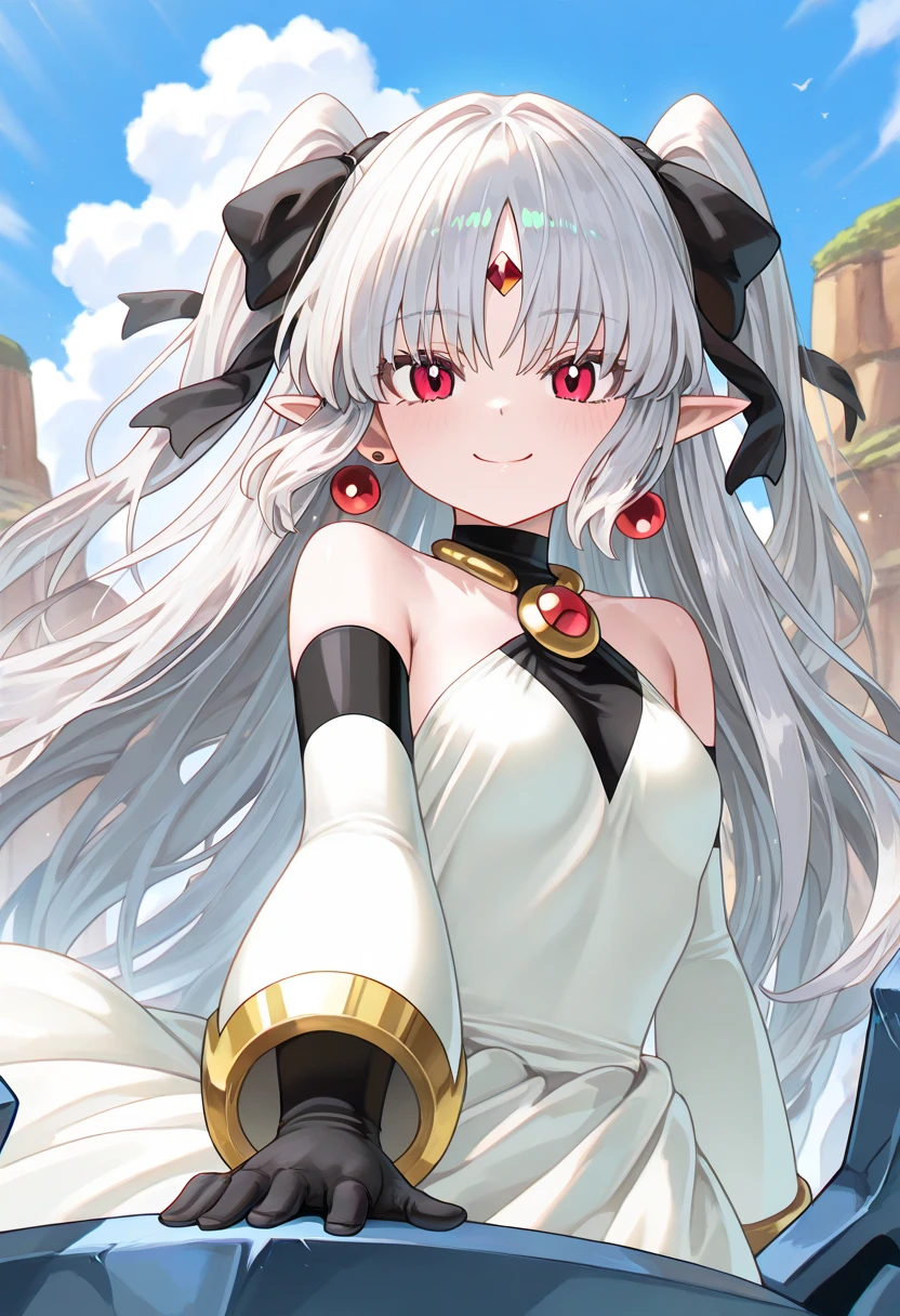 White Hair, Long Hair、Red eyes ,Blue eyeshadow, One Girl, alone, , Earrings ,Show Viewer, blush, , long white elbow satin gloves, Clothing covering the chest Jewelry, very, A kind smile, Long white elbow gloves, White gloves, 、whole body、sexy、Knee-high socks、Sweaty。High resolution、8k、Attractive legs、Brown Skin、Elf