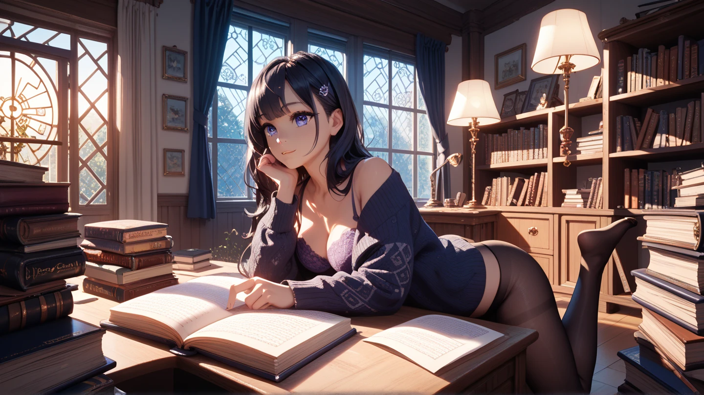 18 year old girl, 
long black hair, big eyes, sweet smile, small breasts,
black bra, black panties,
bookstore, public bookstore, bookshelves,
open door, open window,
dramatic lighting, cinematic lighting, Rembrandt lighting,
