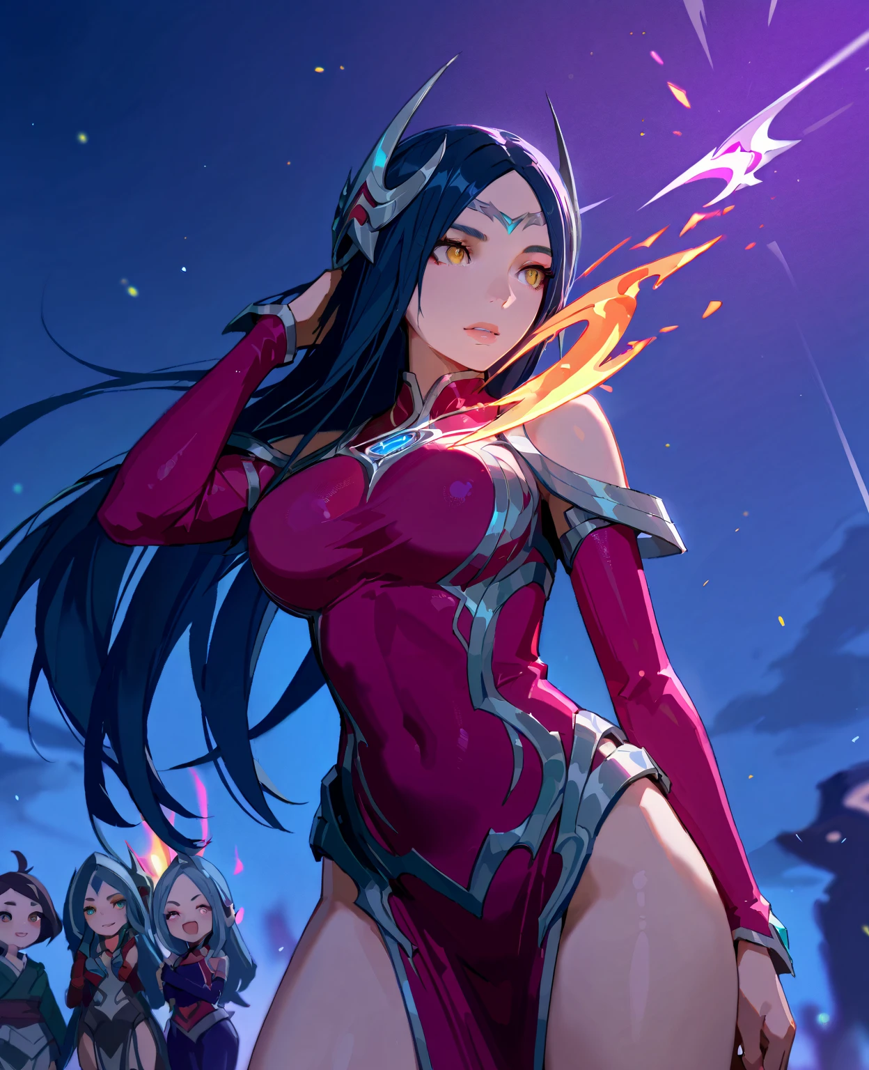 1girl,mature female,30s,sensual face,black armor,cleavage,medusa hair,sexy,pointy ears,black hair((red skin,colored skin)),night,red moon,night sky,floating,upper body,smile,dancing on sky