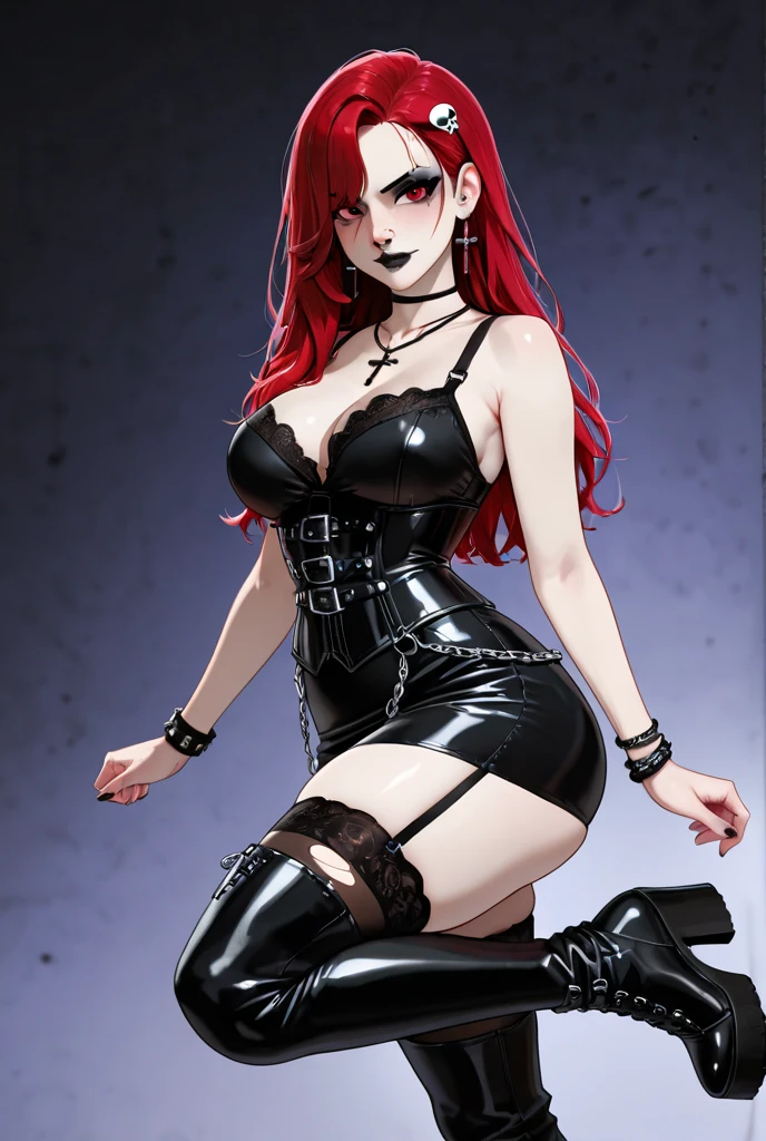 18 year old girl goth, mini black dress, long hair, redhead, beautiful face, masterpiece, intricate details, perfect anatomy, velvet gloves, high boots, tattoos, large breasts, 12k, ultra realistic, ultra definition, full body