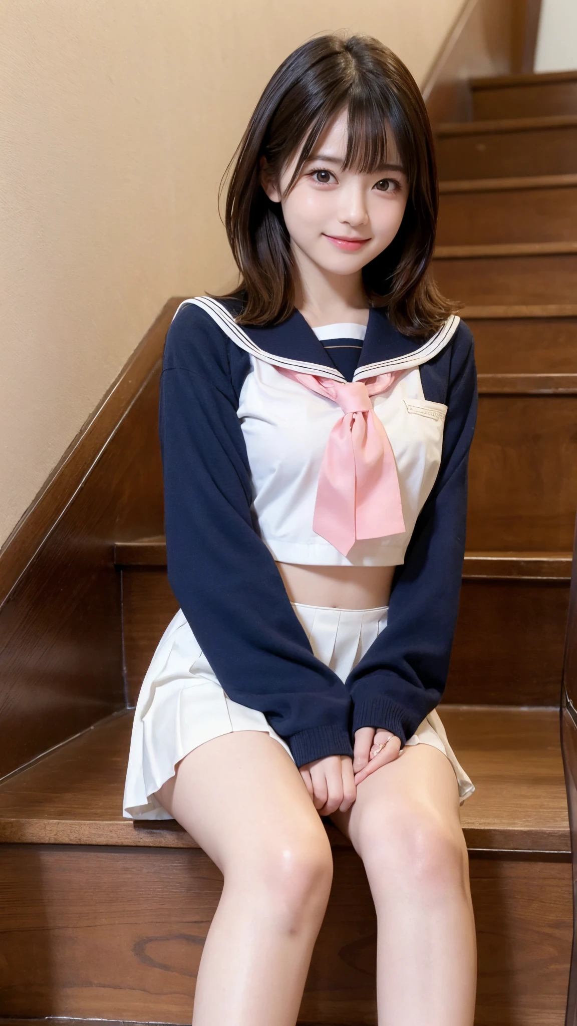 Long blonde hair Slender beautiful girl Garden at Night Wearing a long-sleeved sailor suit Pleated skirt mini skirt wet diaper Squat with your legs apart Putting on a collar