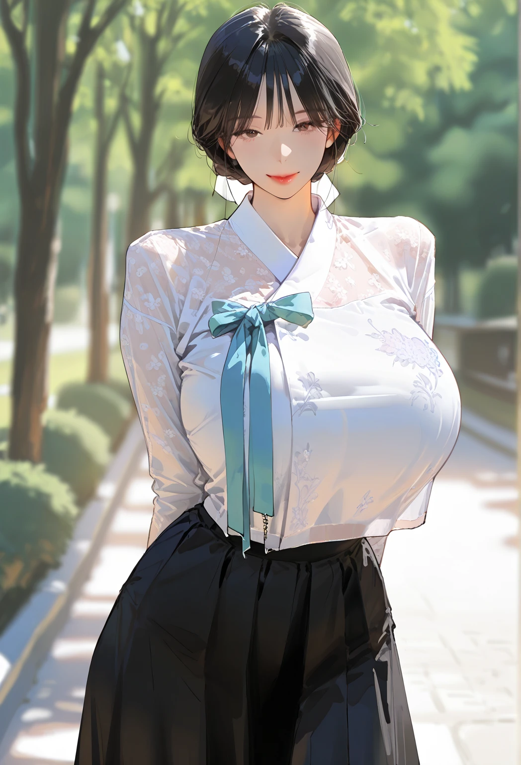 (((short detailed hair))))((Ballet))))(((Emotional movement))))Comb the hair on one side，Transparent top，((Strangling feeling))，dual horsetail(((Emotive expressions, (((gigantic cleavage breasts,))), ))))model posing ，Lace，((((Forehead))))In a colorful fantasy realism style, kawaii art, yanjun cheng, Glowing portrait, Realistic hyper-detail, cute cartoon design, dollcore，Forehead, Asymmetrical hair, alternate hairstyle, hair slicked back, diagonal bangs, Blunt bangs, sweeping bangs, (((Moles under eyes))),，What impressed her the most was the mole under her eyes，The clothes are gorgeous and intricate，The background is complex and cumbersome，，8K，a sense of atmosphere，cabelos preto e longos，on cheongsam，Show your figure，Red lip stain，The hairpin hangs gorgeously，Roses bloom，Excellent figure，The proportions of the body and head are coordinated，独奏((((校服))))，a deep green pleated skirt，