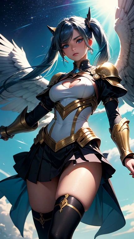 ((Best Quality, 8k, Sharp Focus, 35mm Lens, Masterpiece: 1.2, Cinematic Light, Ultimate Girl, Highly Detailed Facial Textures, Highly Detailed Facial Textures)), (Leotard Armor: 1.2 ), ( Night village starry sky background: 1.2 ), (circular with wings on head), round face, detailed brown eyes, detailed beauty makeup: 1.2, ultra-detailed skin, [navel], detailed bangs, (detailed Eyes: 1.2), smile, light brown hair tied back, tilted head, from the side