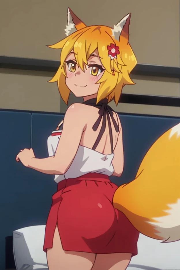 big ass, masive ass, big hips, massive hips, young gir, ege girl, back view, sen, blonde hair, animal ears, fox ears, blush, animal ear fluff, hair ornament, fox girl, hair flower, hair between eyes, short hair, fox tail, tail, medium chest, yellow eyes, ass focus, Scarlett japanase dress on. smug smile, tail connected to back, 