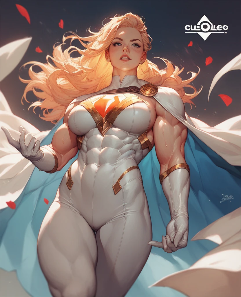 Female huge breasts strong fit sexy Russian super hero attractive intimidating glowing eyes long blonde hair body red body suit with yellow cape sunset full body shot