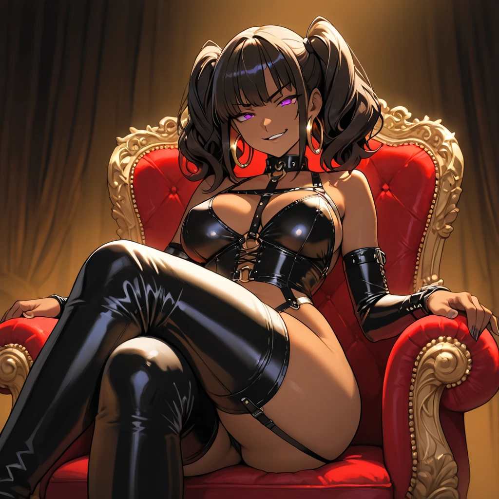 best quality, absurdres, 1girl, beautiful legs, menat_holiday, , dark skin, Green eyes, egyptian, bob cut, red dress, (black hood), black gloves,(shiny thighs),, tail, bell, bare shoulders,sexy thighs,,solo,panty shot,,close up,night,((lying down)),sweaty,,,from above,troubled face,open mouth,,inner thighs,spread legs,camel toe,pussy line,((cry)),in garage