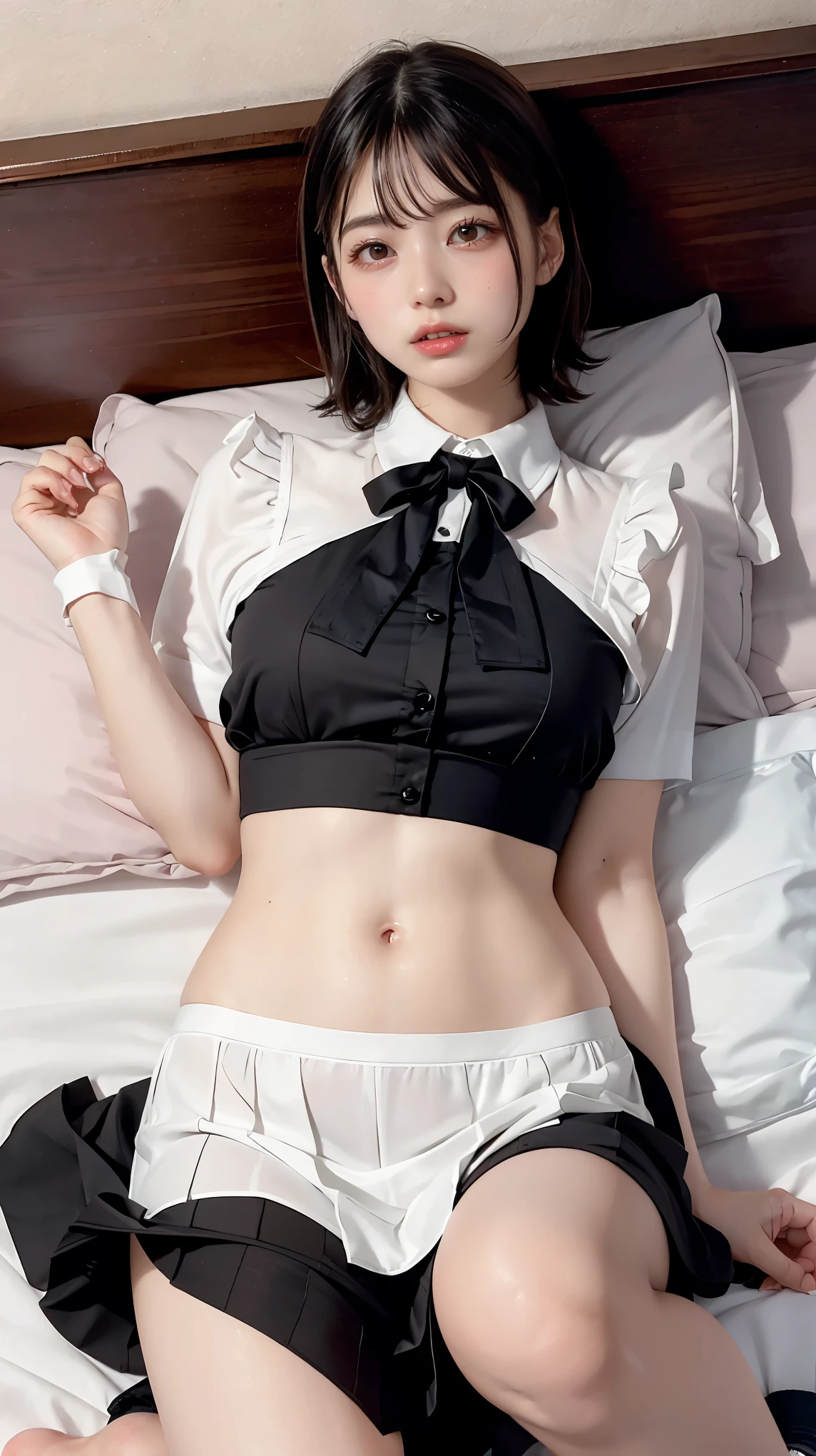 (Actually, the resolution is high.:1.3),A girl with a perfect body, slender face and eyes, long golden hair, white V-neck shirt.:1.2 short skirts in the house, big breasts, showing breasts, wearing glasses, bow tie, braids, showing nipples.