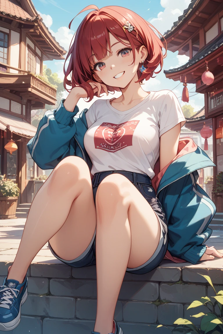 masterpiece, best quality, <lora:whitney-nvwls-v1:0.9> defwhitney, pink eyes, hair ornament, white shirt, short sleeves, blue shorts, wristband, large breasts, striped socks, sneakers, sitting, cityscape, clouds, looking at viewer, smile, grass, trees
