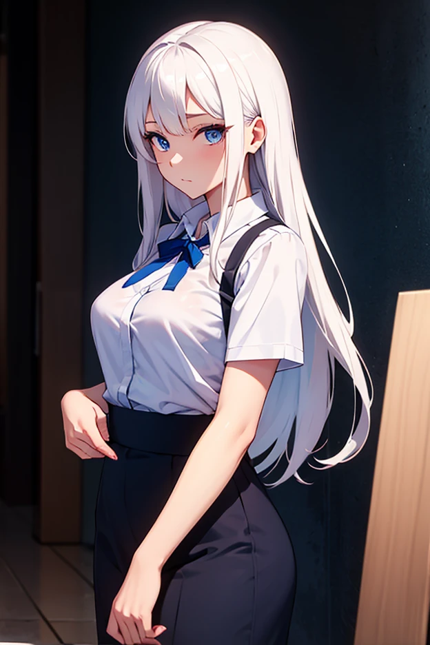 A woman with a white shirt and black tie, slim, long light grey hair, light skinned, adjusting tie, facing off to the side, mysterious, distance stare