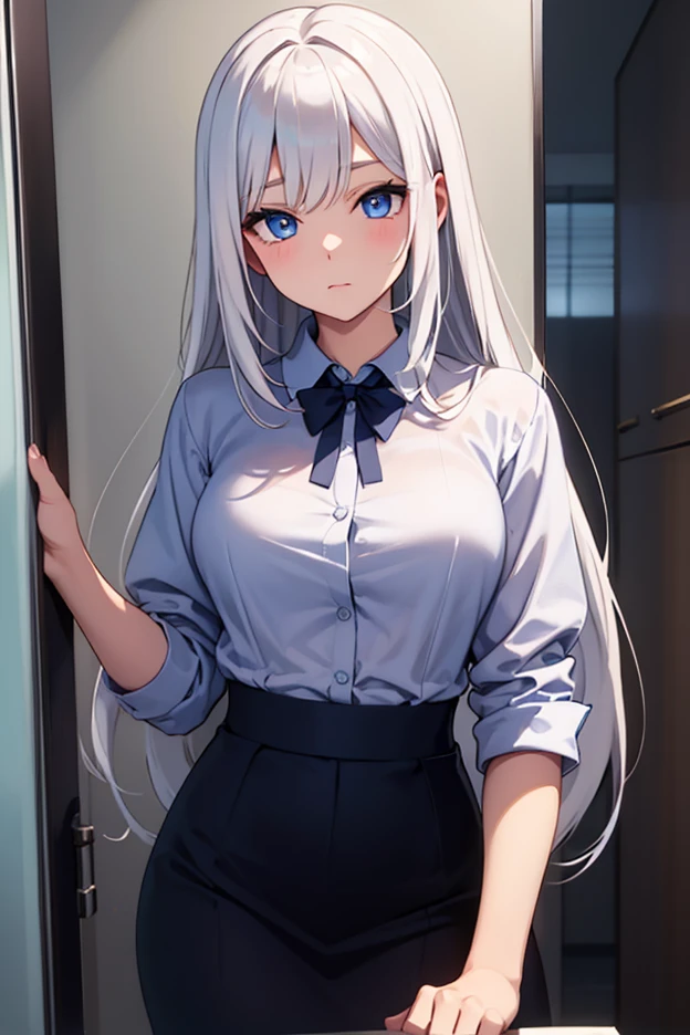 A woman with a white shirt and black tie, slim, long light grey hair, light skinned, adjusting tie, facing off to the side, mysterious, distance stare