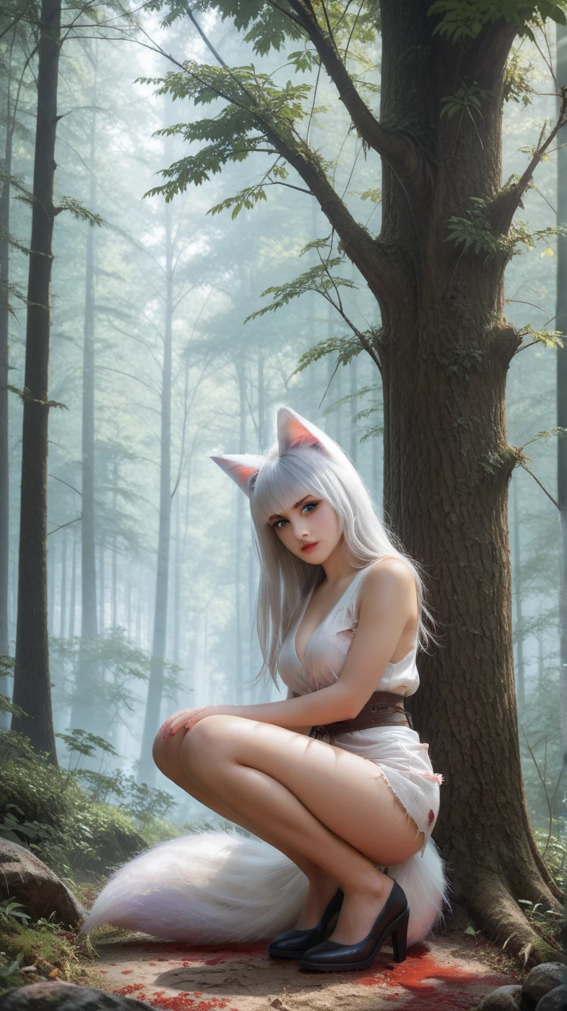 A professional high-quality photo, in 4K resolution, captures in realistic detail a charming girl in a fluffy white pajama with ears and foxtail. She is sitting in the middle of an enchanted forest, where every element is portrayed to perfection. The textures of the pajamas, ears and tail are sharp and palpable. Sunlight falls on the leaves and gently illuminates the girl's face, highlighting each delicate and charming expression --auto --s2