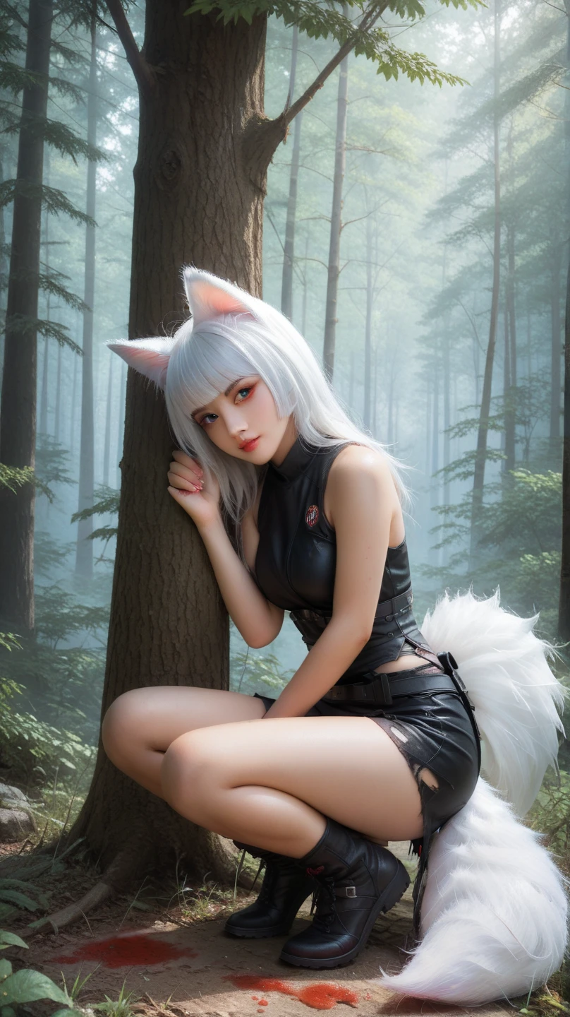 Masterpiece, premium quality, ultra detailed, (kitsune woman: 1.2), (high resolution: 2), (wearing fur dress: 1.3).
(gray curly hair, wolf ears: 1.2, wolf tail), (fur choker: 1.1), (white high-heeled shoes: 1.15)
fur fetish,
(In a Magical Forest: 1.2)
