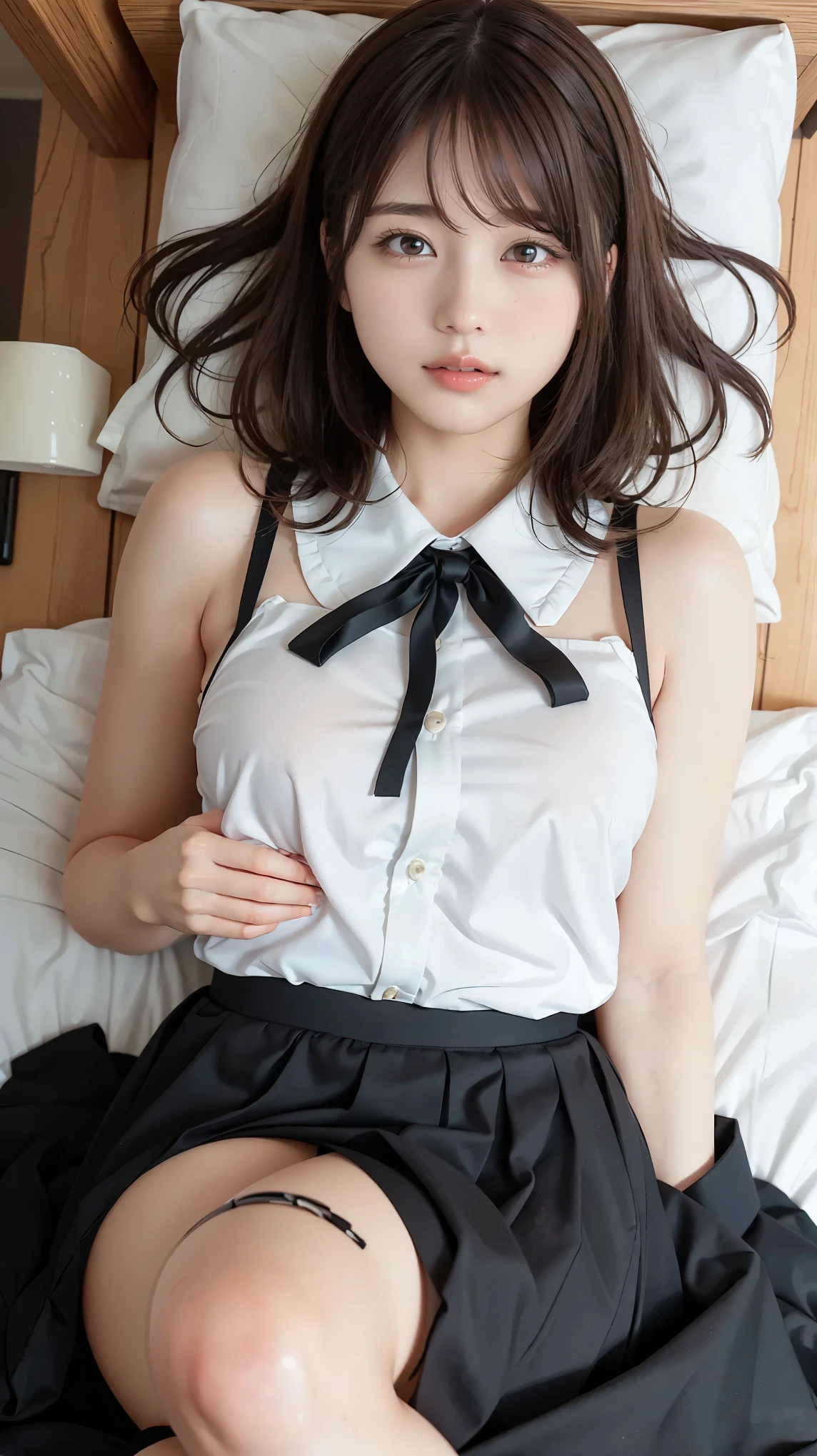 High resolution、High resolution、in 8K、Real Live Action、RAWphotographgraphy、Highest quality、masterpiece、Tabletop、erotic、young、student、White bra,White skin,knees、Detailed Panty Pattern、Panty Focus、White lace panties、absurdes,Small face、part your bangs in the middle、The forehead is visible,(Cold look<Squinting my eyes,Glare,strong,Light anger)、masterpiece,Highest quality、超High resolution,RAWphotograph,only,Beautiful poop,one person, one personで,Dark look,Small breasts,whole body、very nice、JK Uniform,（Realistic：1.37）、Photon Mapping,Light blue ribbon,Realistic、Cute Face,Brown eye、12 years、(Red bow tie)、Physics-based only dulling、prospect、Written boundary depth、Blurred Background、photograph,We、body,Beautiful feet, Long legs, Thin legs,Bobcut,(I can see the bangs), lips, green_eye, Nose Soft,(open neck white shirt), (Navy Pleated Skirt(Please lift your skirt、White panties are visible), Beautiful thighs,I can see your crotch,I can see the knees,See-through clothing,Cute Japan、Sparkling eyes、Glossy lips、Dynamic pose,Short white socks、Spread your legs wide、White socks are visible all over the body.