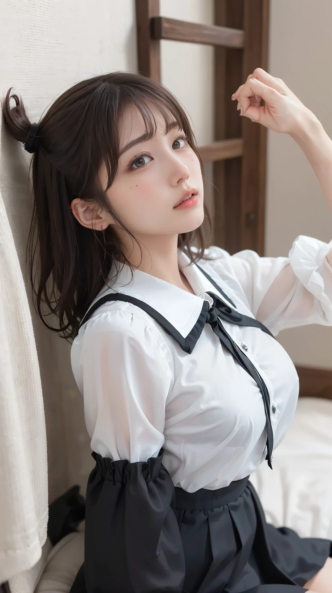 8K quality,(Photoreal: 1.4), (Hyperrealistic: 1.4), (Realistic: 1.3), (Smooth lighting: 1.05), (Improved Cinematic Lighting: 0.9), 32K, (In a dimly lit room)(The entire character is in the middle of the screen),light grin,(1 Japanese woman), Age 18 years old,Realistic lighting, Backlight, Face Lights, Ray traching, (Bright light: 1.2), (Quality improvement: 1.4), ( Top quality realistic texture skin: 1.4), Fine Detailed Eyes, Detailed face, Fine quality eye, Dark brown eyes, Feeling a little shy,Feel optimistic and sunny(Medium to large round chest),(Tired, Sleepy and Satisfied: 0.0), Pale light, White translucent blouse, Bow tie, Navy blue skirt, Silk white ankle socks,(did not wear panties),The edges roll up and wear out, Sit quietly on the bed, large round breasts