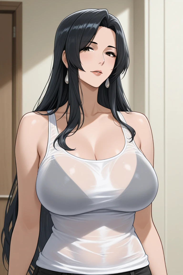 score_9, score_8_up, score_7_up, score_6_up, score_5_up, score_4_up, (8k, RAW photo, best quality, masterpiece:1.2), black hair, long hair, front view detailed body, long belly , Slender body, tight body , thicc, medium breast , thicc thighs,Seoldef, black hair, black eyes, long hair,  1girl, dress, black_hair, long_hair, solo, jewelry, necklace, white_dress, realistic, breasts, couch, indoors, looking_at_viewer, holding, standing, cleavage, lips