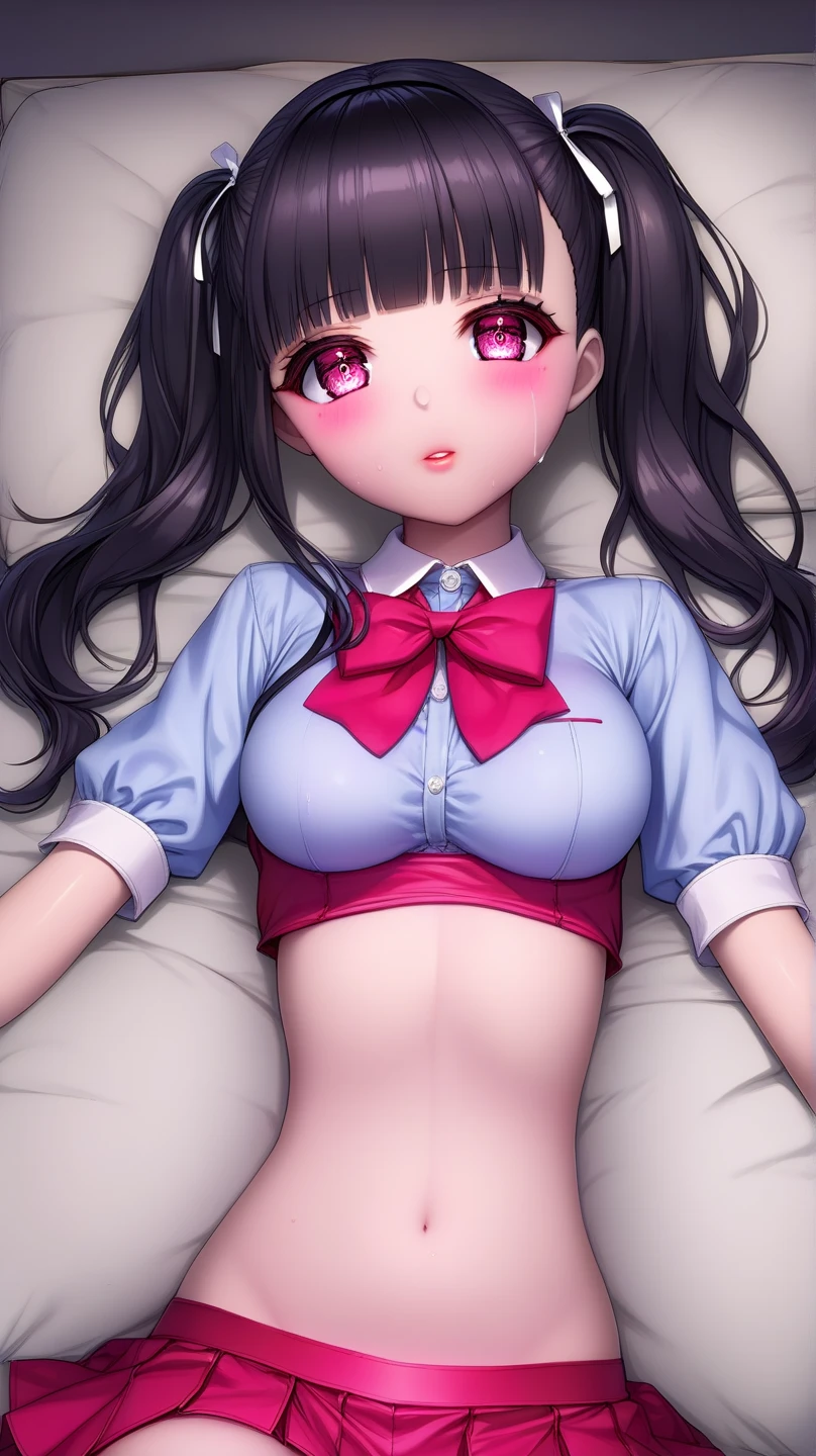 (full figure:1.1), (1 girl as junkotvv:1.5), highres, solo, big breasts, waist long black hair, (twintails:0.5), (pleated miniskirt:1.2), (black thighhigh socks:1.2), (loose red ribbon:1.2), (flipping skirt:1.5), (unbuttoned white shirt:1.4), (ahegao:1.5), green eyes, (rolling eyes:1.5), (torn clothes:1.5), (naked breasts:1.5), spread legs, no panties, cat ears
