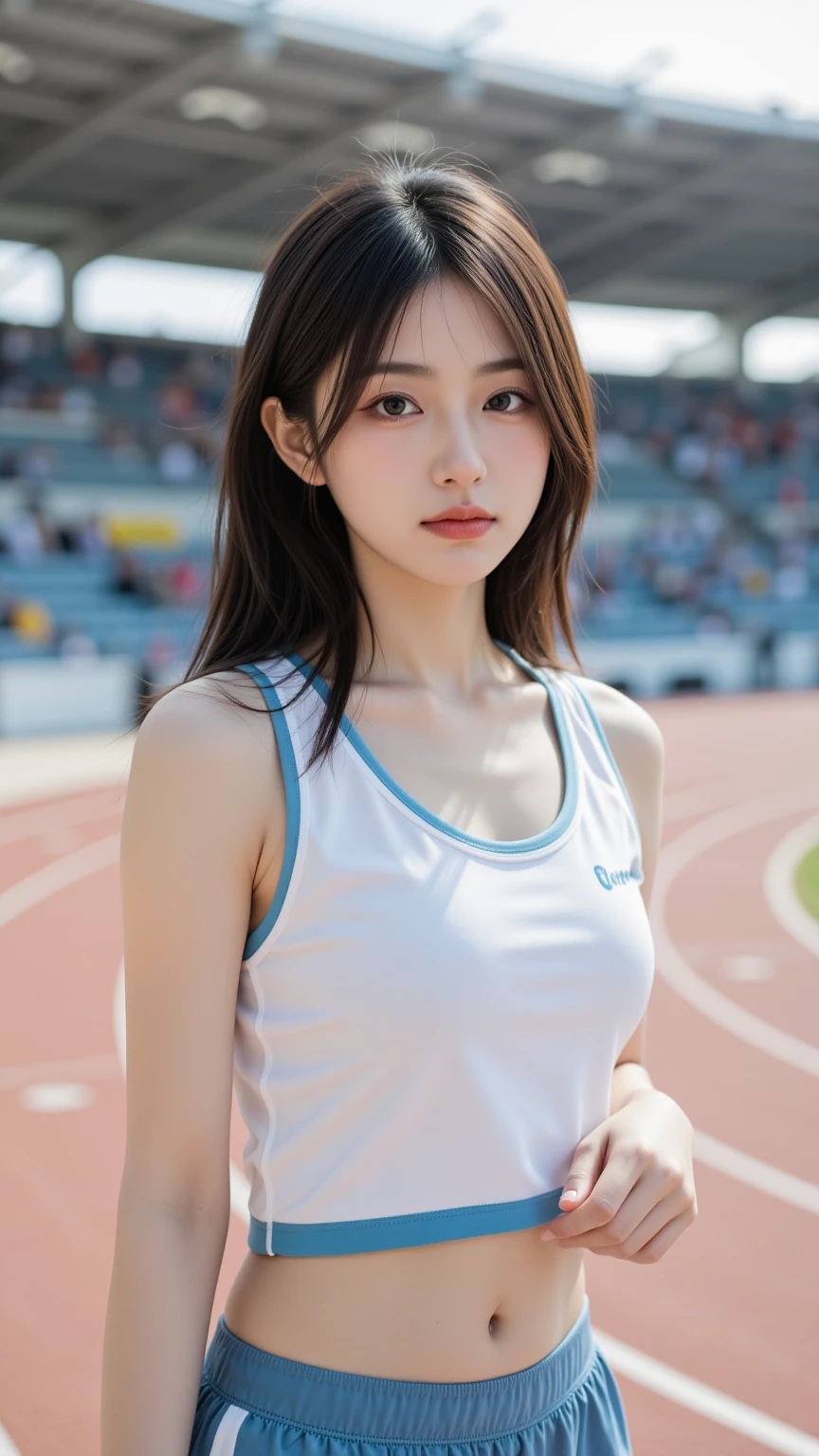 pieces fly、masterpiece、highest quality、Super detailed、High resolution、High resolution、8K portrait、unity 8k wallpaper、Detailed CG、unity 8k wallpaper、Detailed CGユニティ8kの壁紙、realistic、real person、portrait photography、shiny skin、( 1:2)、(cute:1.4)、High resolution、beautiful clear eyes、very detailed explanation、delicate face、nice lips、thin waist、thin legs、1 girl、(athletics stadium:1.4)、(colorful sleeveless track and field uniform:1.4)、(big breasts:1.3)、(My nipples stick to my clothes:1.4)、(smile)、(abs:1.3)、(wavy hair)、(stop temporarily)、(full body figure)