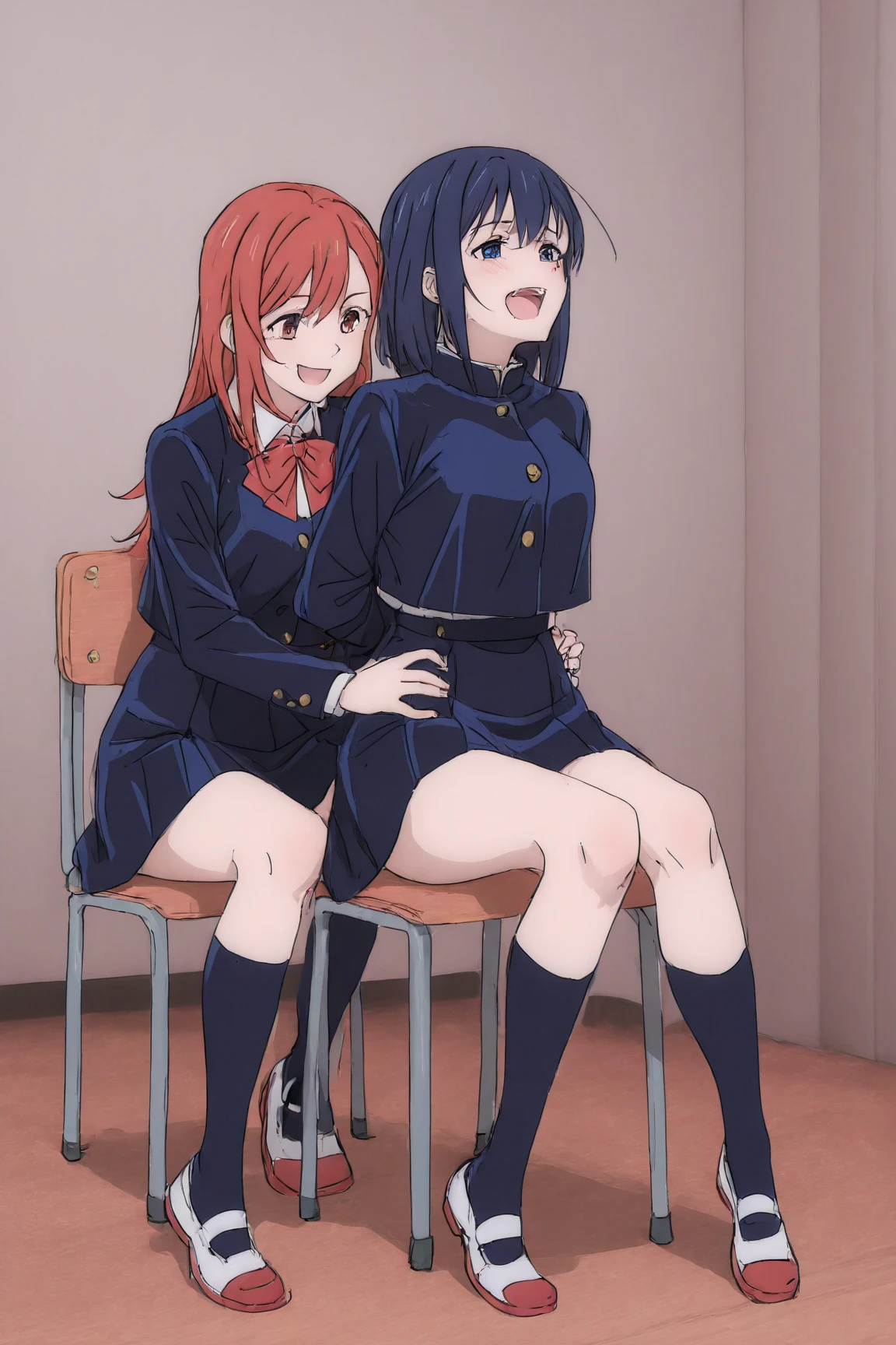 2 girls , classroom,floor,Yukinoshita Yukino , (full breats Yuigahama Yui ), physical education sitting ,wear sneakers, (Sole of foot 1.0),blazer,shirt,check skirt,(Pussy cameltoe in panties:1.0),(pink lace panties:1.0),(white lace panties),
