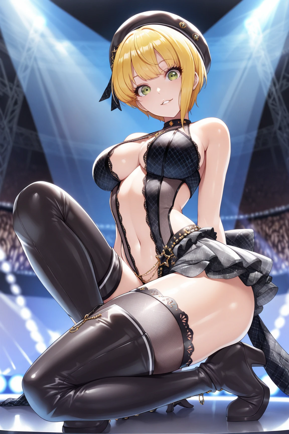 An image in high resolution captures a woman with a mischievous expression, short blond hair framing her face, captivating very blue eyes, and a seductive smile. (((She have a big ass and she is on all four))). Emphasis on the pussy. Her name is Yuzuhira